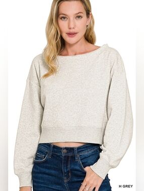 Zenana Fleece Boat-neck Heathered Light Gray Cropped Sweatshirt Sz S M L